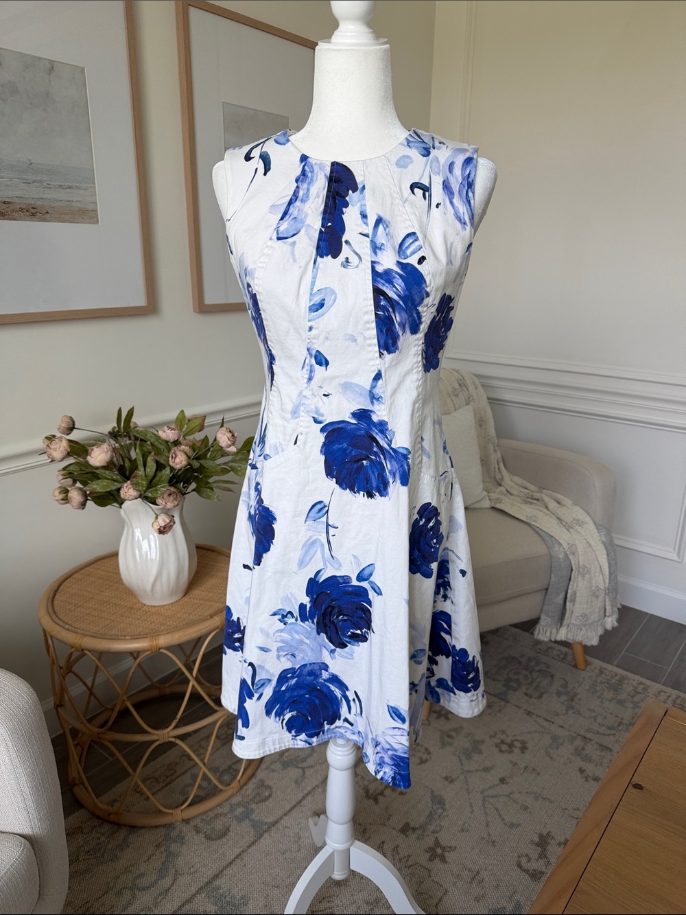 Lela Rose Blue White Porcelain Floral Fit Flare Garden Party Dress 6